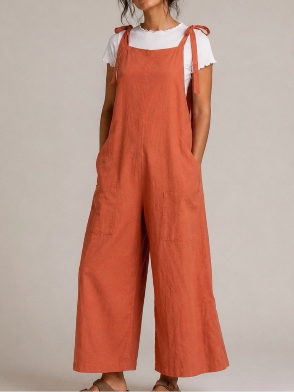 Shiny By Nature Linen Cotton Overalls Jumpsuit Wide Leg Canyon Orange 4XL